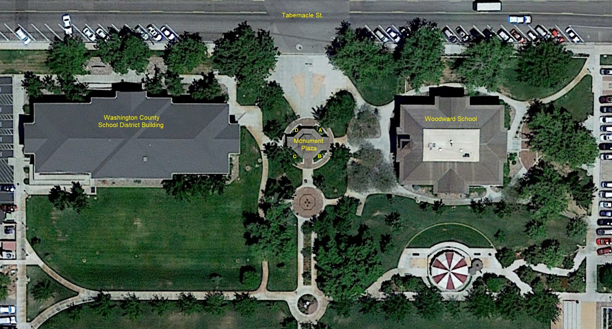 Aerial view of the Monument Plaza area